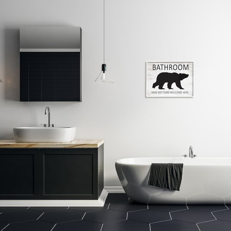 Stupell Bathroom Bare Bottoms Welcome Here Funny Rustic Bear Framed Wall Art - Off-White