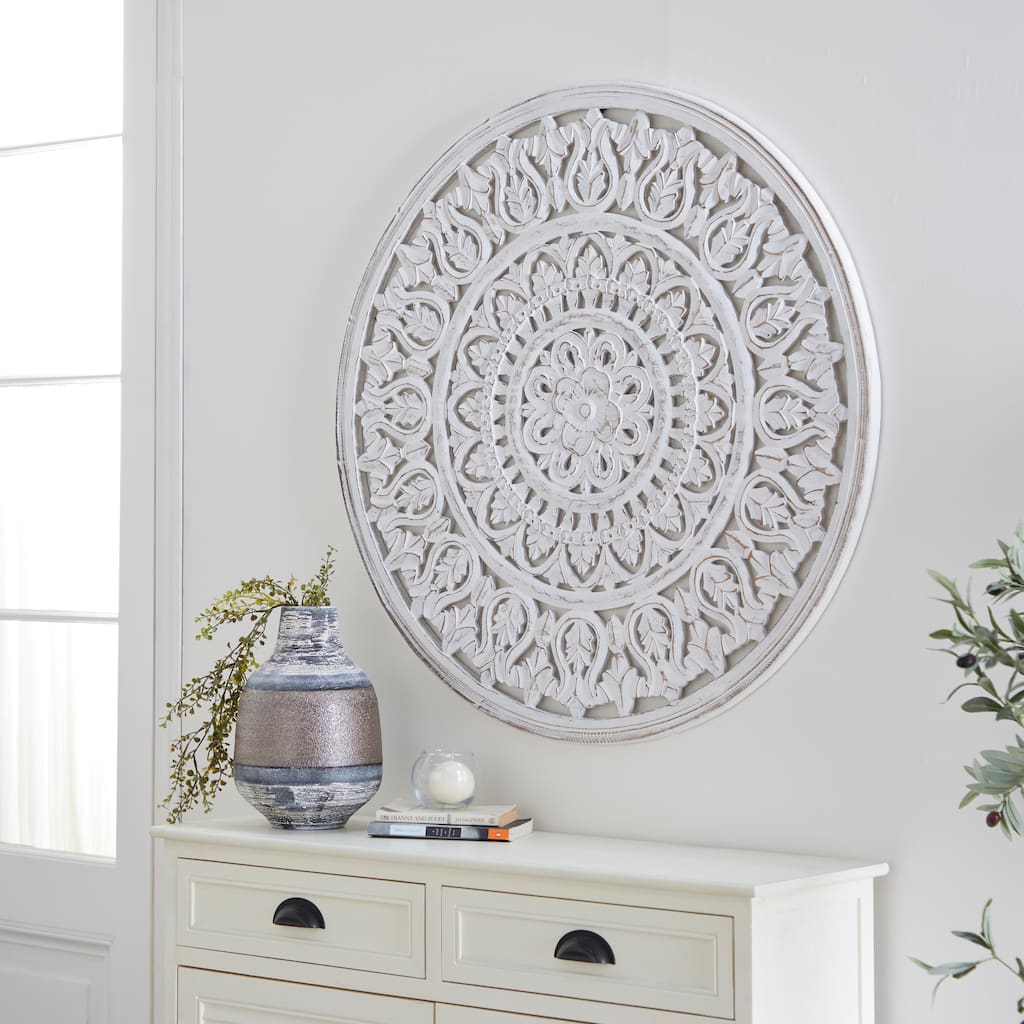 White Wood Handmade Intricately Carved Round Mandala Floral Home Wall Decor