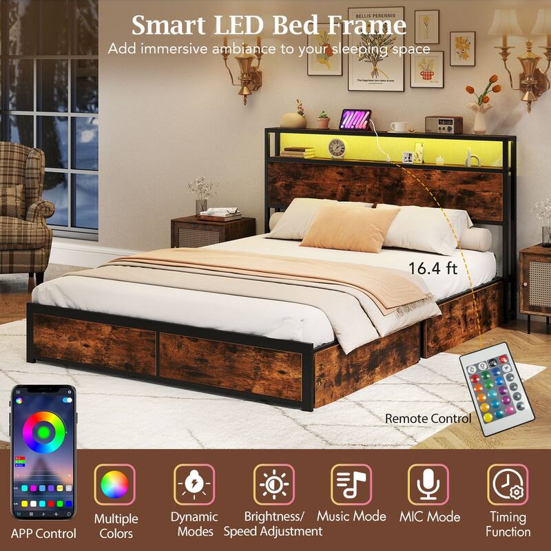 Gymax Queen Size LED Bed Frame w/2-Tier Storage Headboard & 4 Drawers