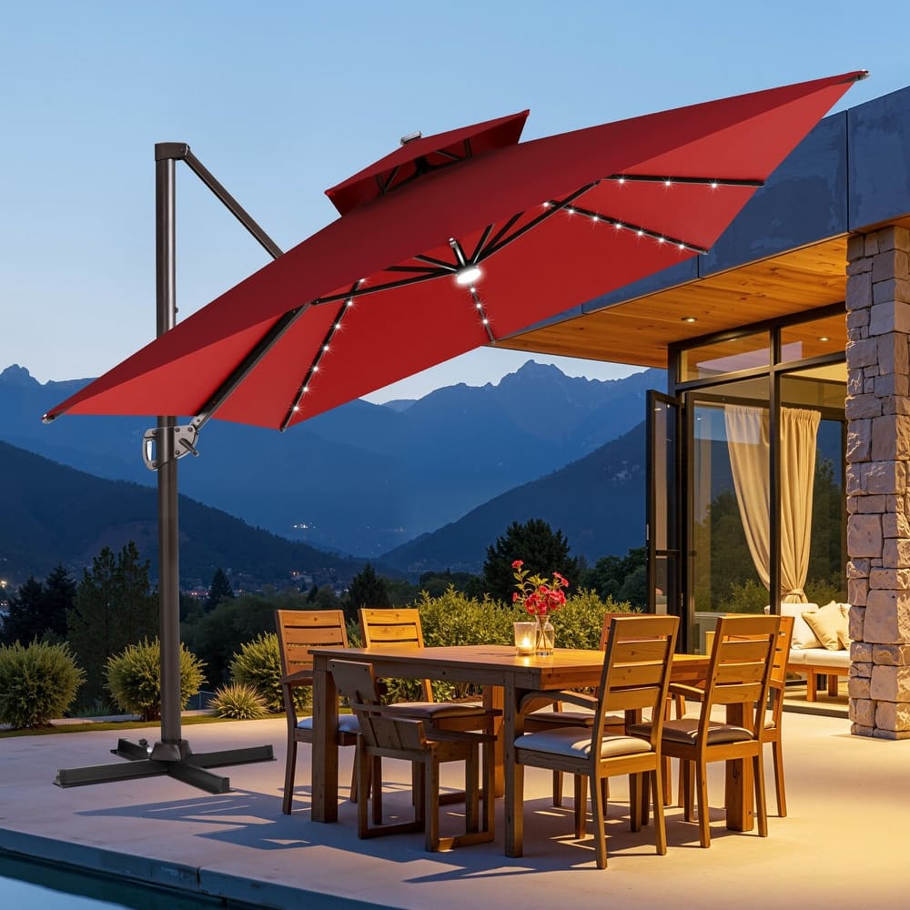 10 FT x 13 FT Outdoor Rectangular Solar LED Lighted Double Top Patio Cantilever Umbrella