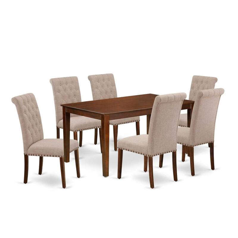 7Pc Dinette Set - Kitchen Table & 6 Parsons Chairs - Light Fawn Fabric, Mahogany Finish - 60