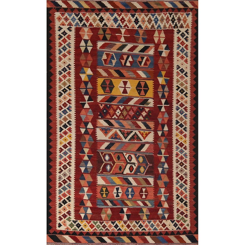 Vegetable Dye Red Kilim Qashqai Persian Vintage Hand-Woven Wool Carpet - 5'0"x 8'1"