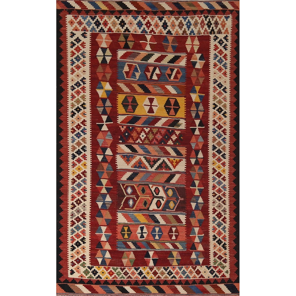 Vegetable Dye Red Kilim Qashqai Persian Vintage Hand-Woven Wool Carpet - 5'0"x 8'1"