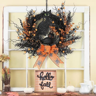 22" Halloween Black Cat, Owl Wreath for Front Door Decor - N/A