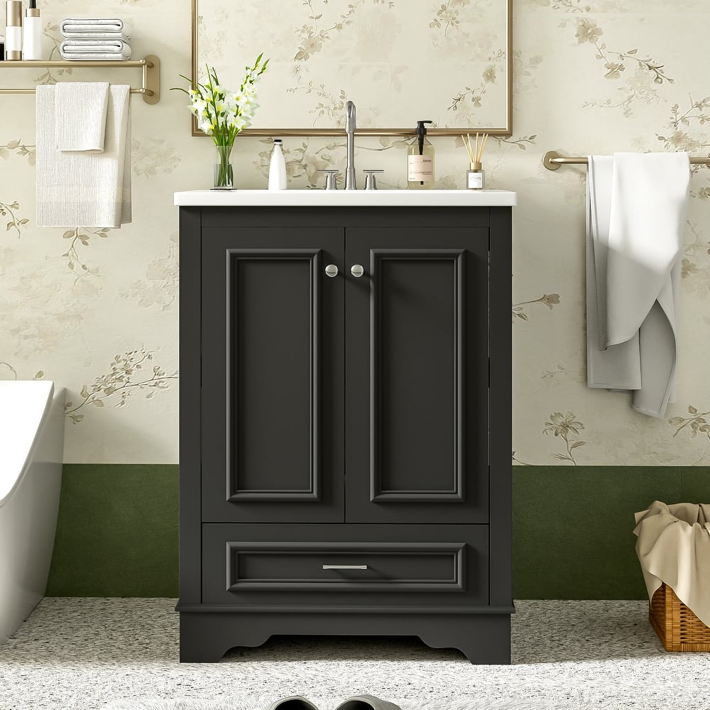 GDFStudio - Halcyon Modern Freestanding Bathroom Vanity with Ceramic Sink and Soft-Closing Storage Doors & Silver Handles