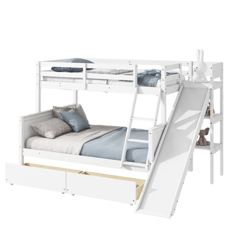 Space-Saving Twin Over Full Bunk Bed with Storage Drawers, Slide, and Ladder - Grey
