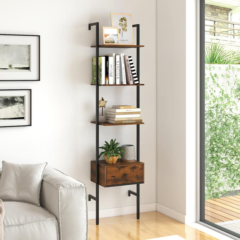 Rustic Brown Engineered Wood Ladder Bookshelf with Metal Drawer - Rustic Brown
