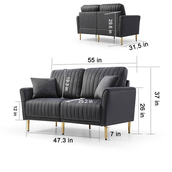 dimension image slide 4 of 5, 2 Piece Living Room Sofa Set, Velvet Upholstered, Solid Manufactured Frame, Reversible Cushions, Metal Feet, Flared Armrests