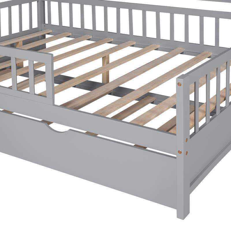 Cute Wooden Twin or Full House Bed with Trundle, Kids Bed Wood Platform Bed Frame with Safety Guardrail & Storage Shelf