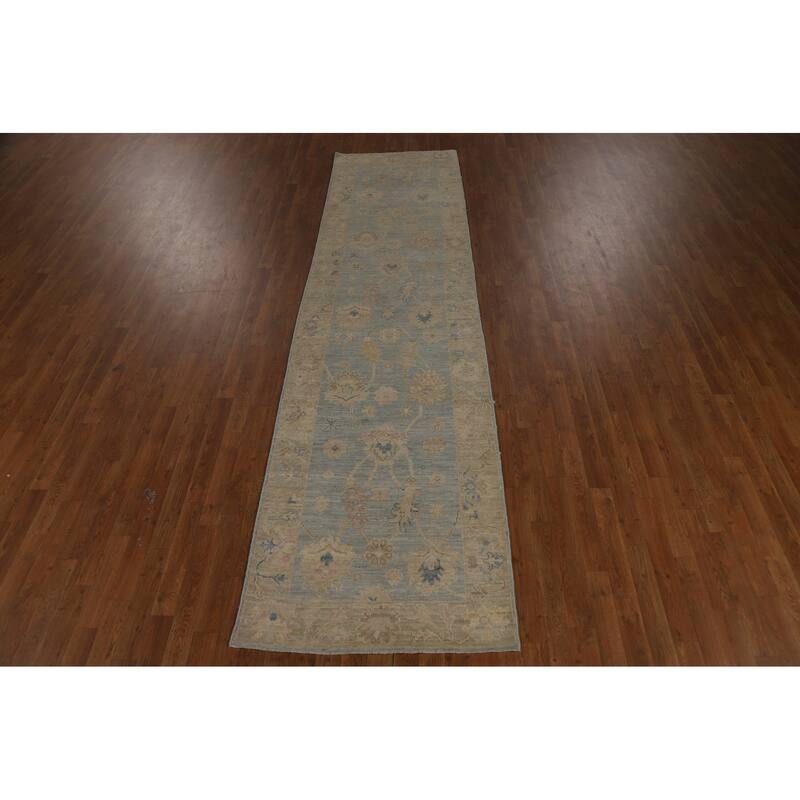 Vegetable Dye Blue Oushak Turkish Runner Rug Hand-Knotted Wool Carpet - 3'1" x 11'8"