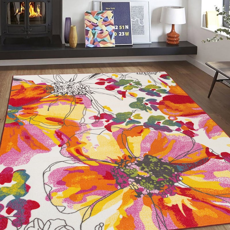 World Rug Gallery Modern Bright Flowers Non-Slip Area Rug Multi
