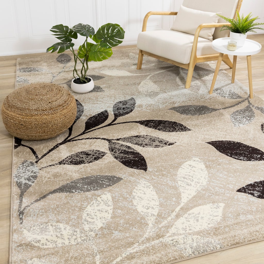 Charlotte Collection - Distressed Brown/White/Black Foliage Rug - 7'10" x 10'6"