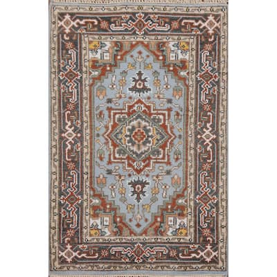 Light Blue Geometric Heriz Indian Area Rug Handmade Wool Carpet - 3'2"x 4'11"