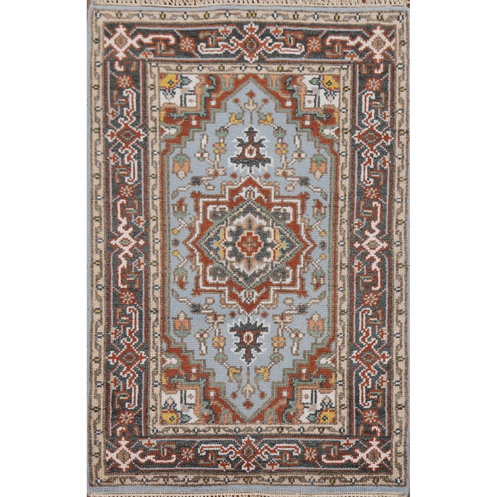 Light Blue Geometric Heriz Indian Area Rug Handmade Wool Carpet - 3'2"x 4'11"