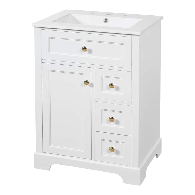 24" Bathroom Vanity with Sink, MDF & Pinewood Construction, 3 Drawers & Cabinet with 2-Tier Door Storage Rack, Soft-Close