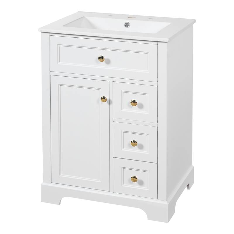 24" Bathroom Vanity with Sink - MDF & Pinewood, 3 Drawers & Cabinet with 2-Tier Door Rack, Soft-Close