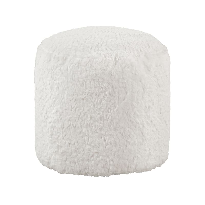 Modern Pouf Ottoman, 16 Inch Round w Fluffy Off White Faux Fur Texture
