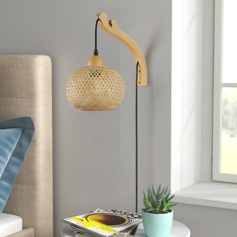 Modern Farmhouse Wicker Plug in Bamboo Wall Sconce with Switch-Lantern Basket Rattan Lampshade