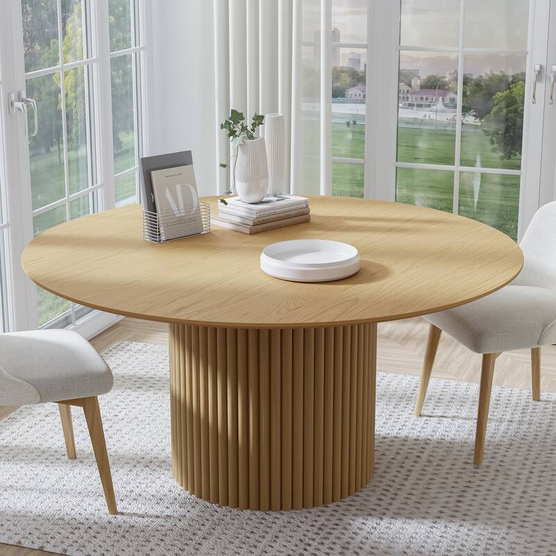 Modern Round Wooden Dining Table - 46" Diameter, Fluted Base, Natural Oak Finish for Dining Room