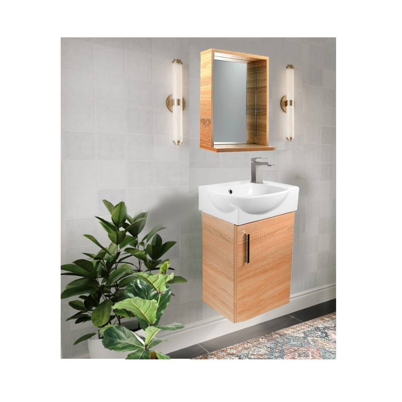 Wall Vanity and Mirror Set with Drain & Faucet - Oak