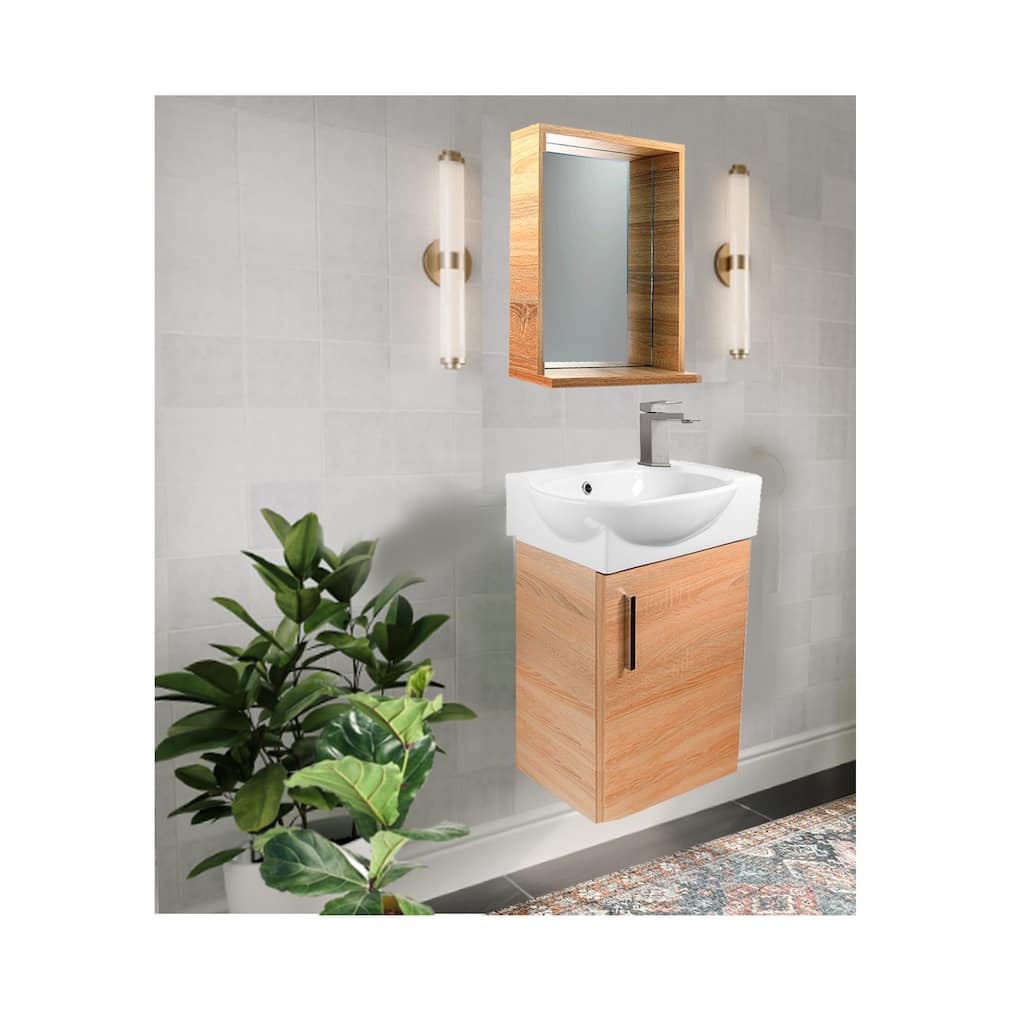 Wall Vanity and Mirror Set with Drain & Faucet - Oak
