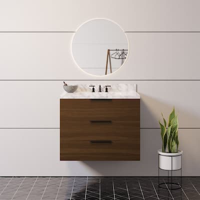 KitchenBathCollection Oslo 30" Floating Wall-Mounted Bathroom Vanity with Carrara Marble Top