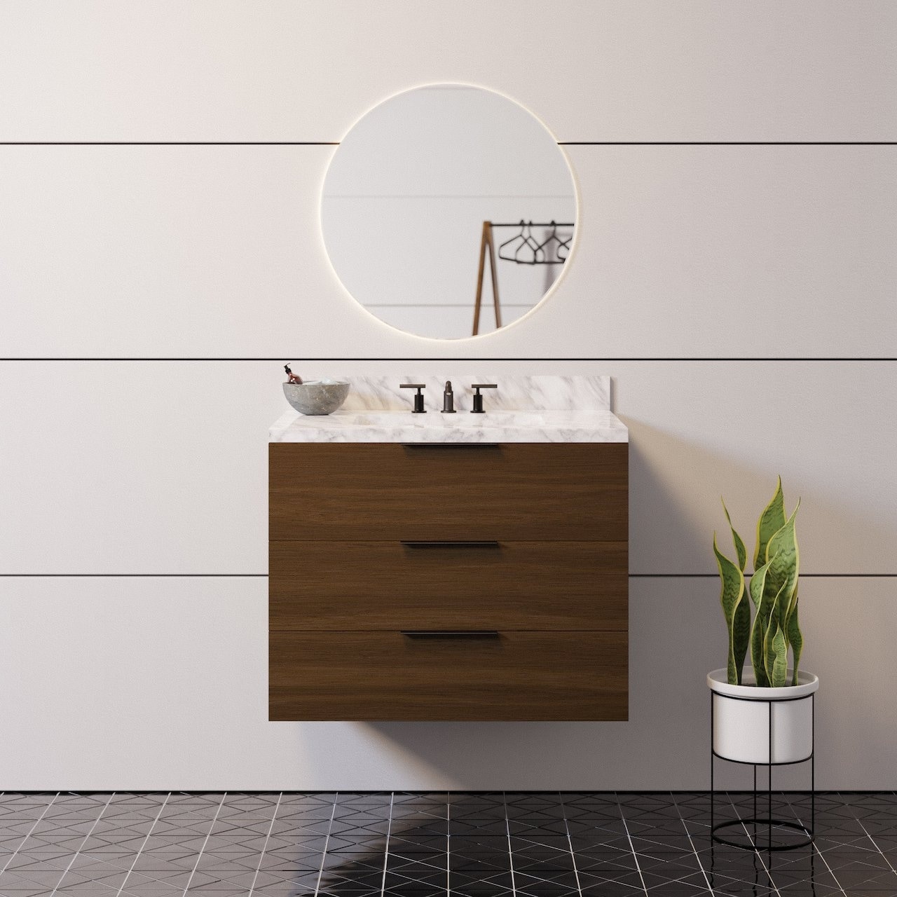 KitchenBathCollection Oslo 30" Floating Wall-Mounted Bathroom Vanity with Carrara Marble Top