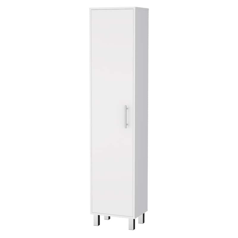 Lawen Tall Storage Cabinet, Single Door, 3 Broom Hangers - White