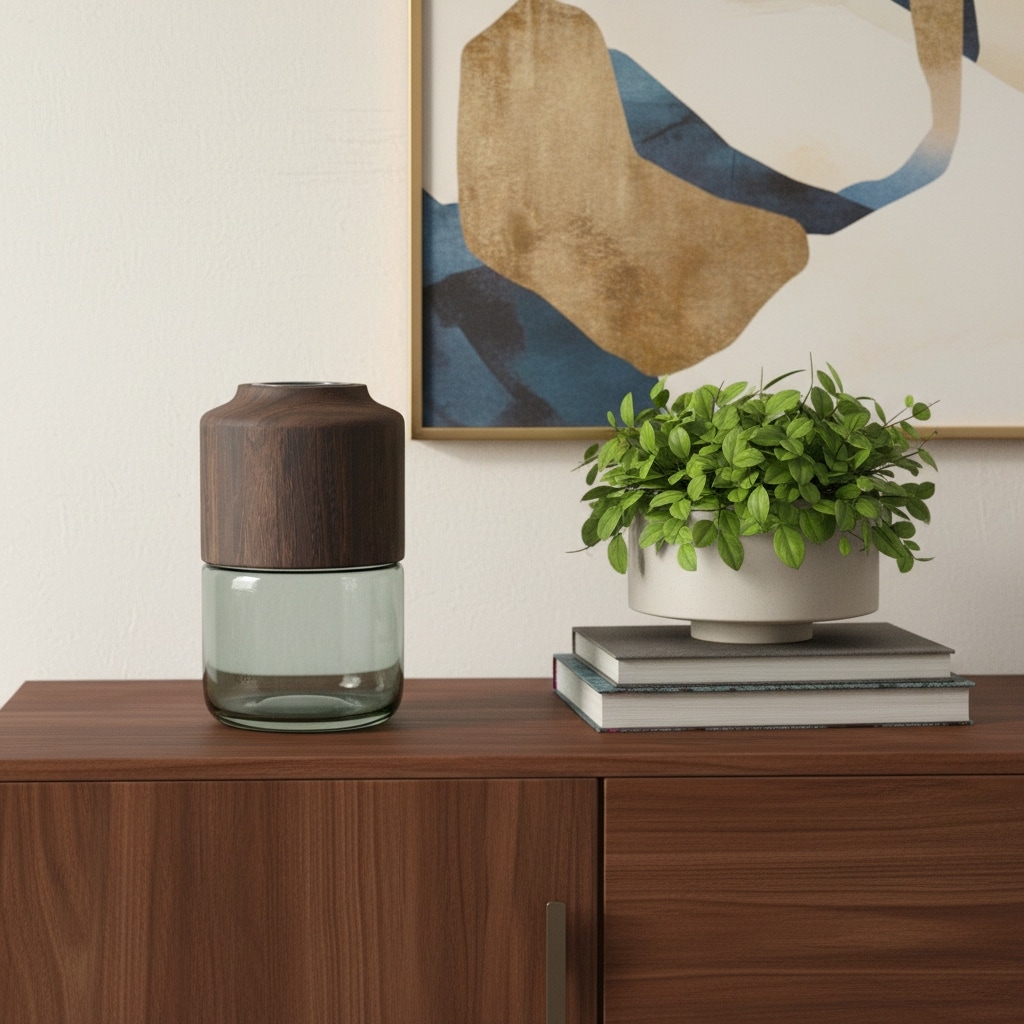 11" Brown And Sage Glass Round Table Vase With Wood - 6.50