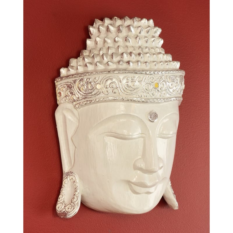 12" Wooden Wall Mask Serene White Buddha Head Statue Hand Carved Sculpture Handmade Figurine Gift Home Décor