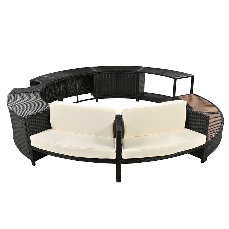Outdoor Patio Rattan Furniture Set, All Weather Round Conversation Sofa Set with Acacia Wood Seat and Waterproof Cushion