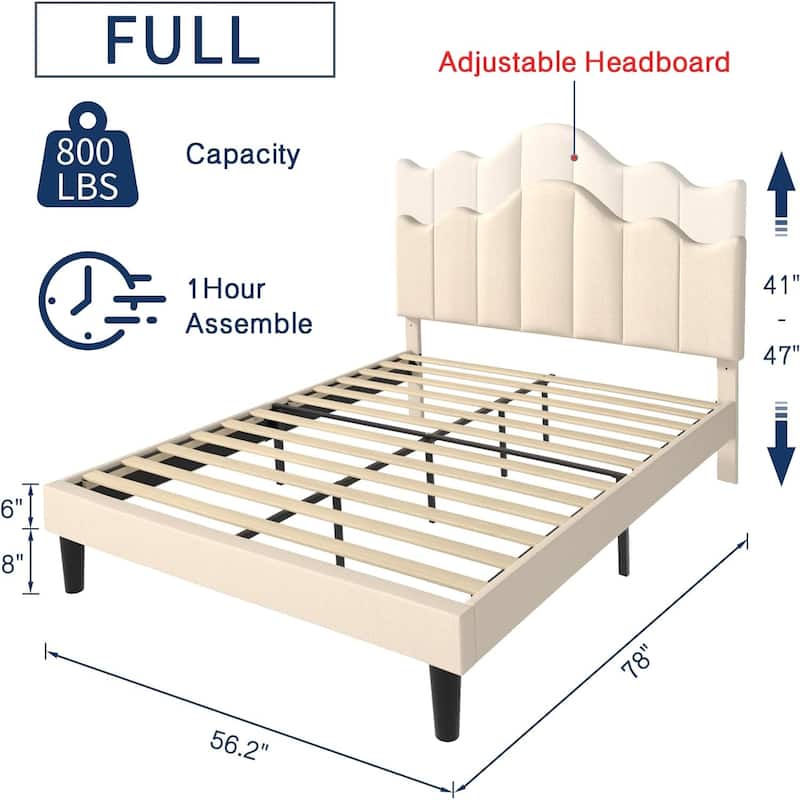VECELO Modern Upholstered Platform Bed with Adjustable Headboard, Dark Blue/ White/ Grey/ Beige Bed Frames