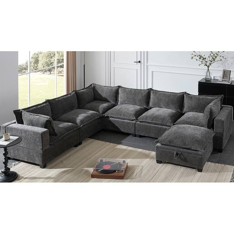 U Shaped Modular Sectional Sofa with Movable Storage Ottoman, Comfy Chenille Deep Seat Cloud Couch, Oversized 7 Seat Corner Sofa