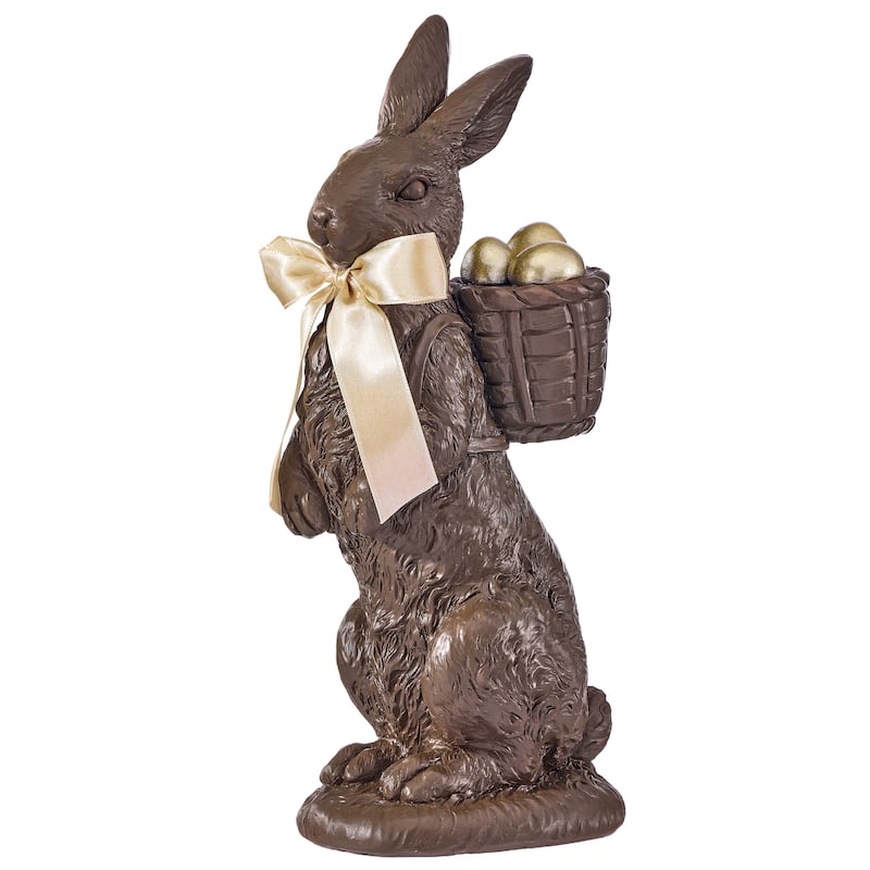 10" Resin Chocolate Bunny With Basket And Eggs