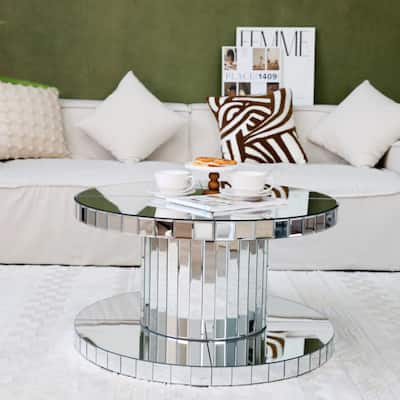 Double-Tier Luxury Round Mirror Coffee & End Table with Fluted Glass - 31.5" Diameter Modern Sofa Side Table for Living Room