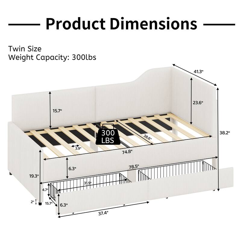 L-Shaped Daybed,Upholstered Bed Frame with 2 Storage Drawers
