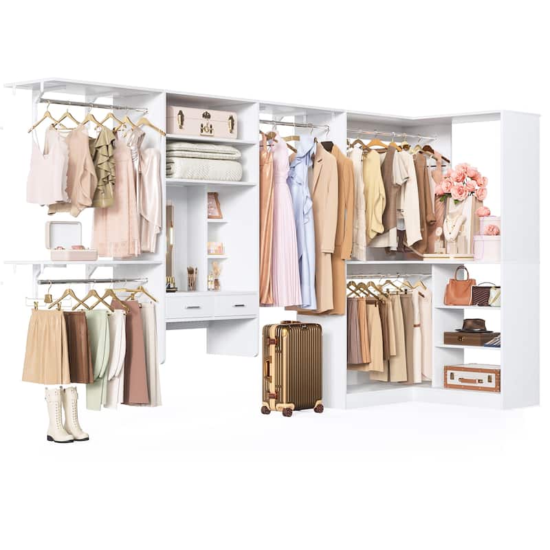 Cimly 131'' - 156'' Closet System with Makeup Vanity, All-in-one Corner Closet Organizer with Shoe Rack and Tower Shelves