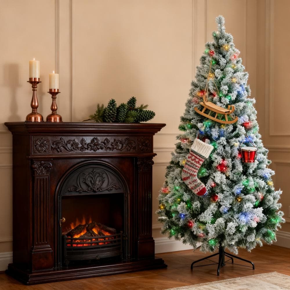Pre-Lit Artificial Tree - Snow Frosted Branches, Warm White/Colorful LED Lights, Steel Base - Green