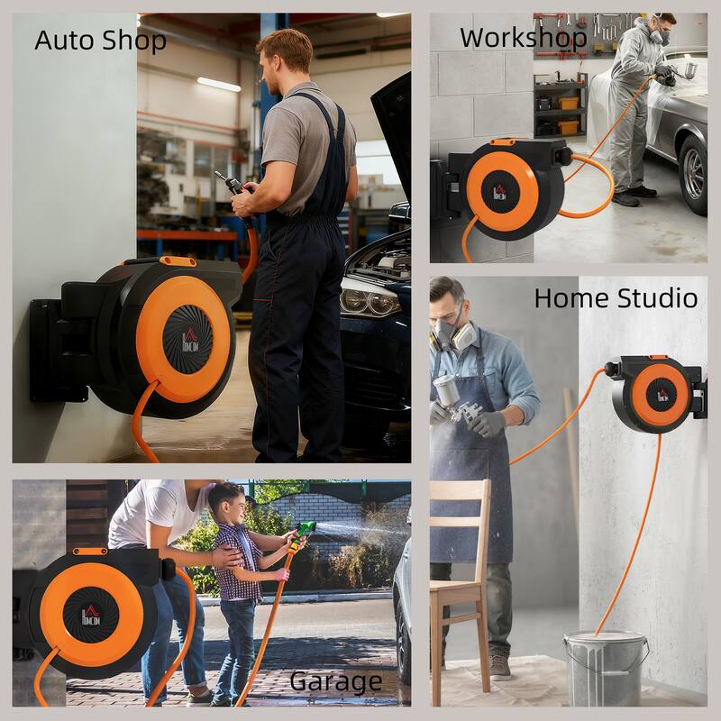 HOMCOM Retractable Air Hose Reel, Auto Rewind Air Compressor Hose Reel with Swivel Bracket - Black