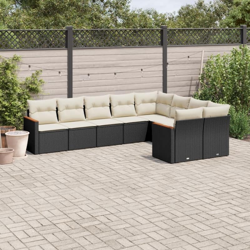vidaXL Patio Sofa Set with Cushions Outdoor Conversation Furniture Poly Rattan - Black and cream without table - 24.4 x 24.4 x 27.2 in