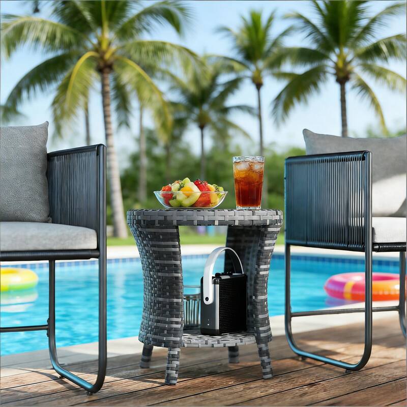 GDFStudio - Nova Outdoor Wicker Side Table with Dual-Tier Storage Design(Only table) - Outdoor Side Table