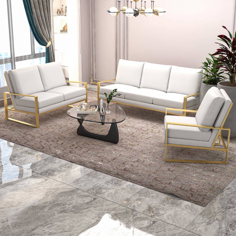 LeisureMod Modern 3-Piece Leather Sofa Set For 6 - Includes Sofa, Loveseat & Accent Chair for Home Office Living Room Bedroom