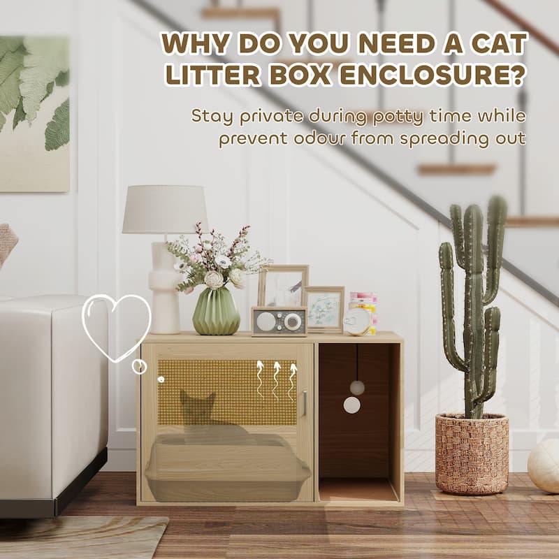 Modern Oak Cat Litter Box Furniture with Rattan Door and Storage Top Scratching Pad Included