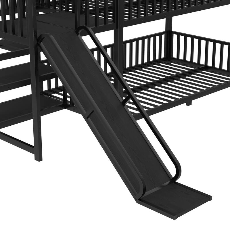Twin metal House Bunk Bed with Storage Stairs, Slide, Safety Rails, Black