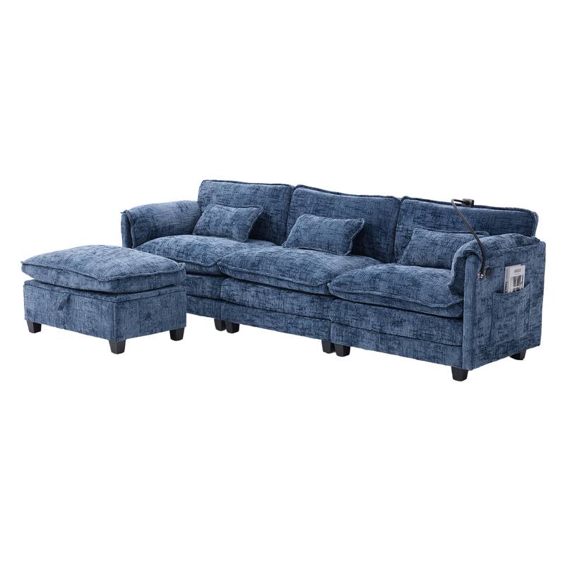 Modern Chenille Chaise Couch L-shaped Sectional Sofa with Storage Ottoman, Phone Holder, USB/Type-C Ports and Side Pockets