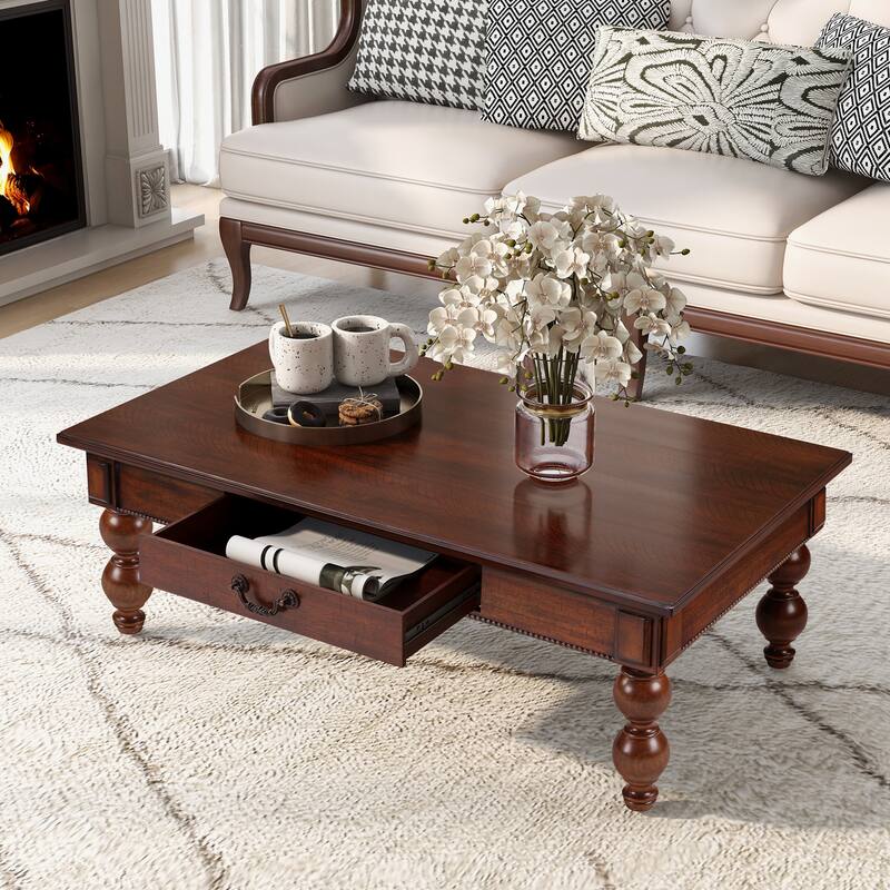 Solid Wood Table Sets of 3 with Coffee Table and 2 End Tables, Vintage Tables with Storage Drawers and Unique Gourd-Shaped Legs