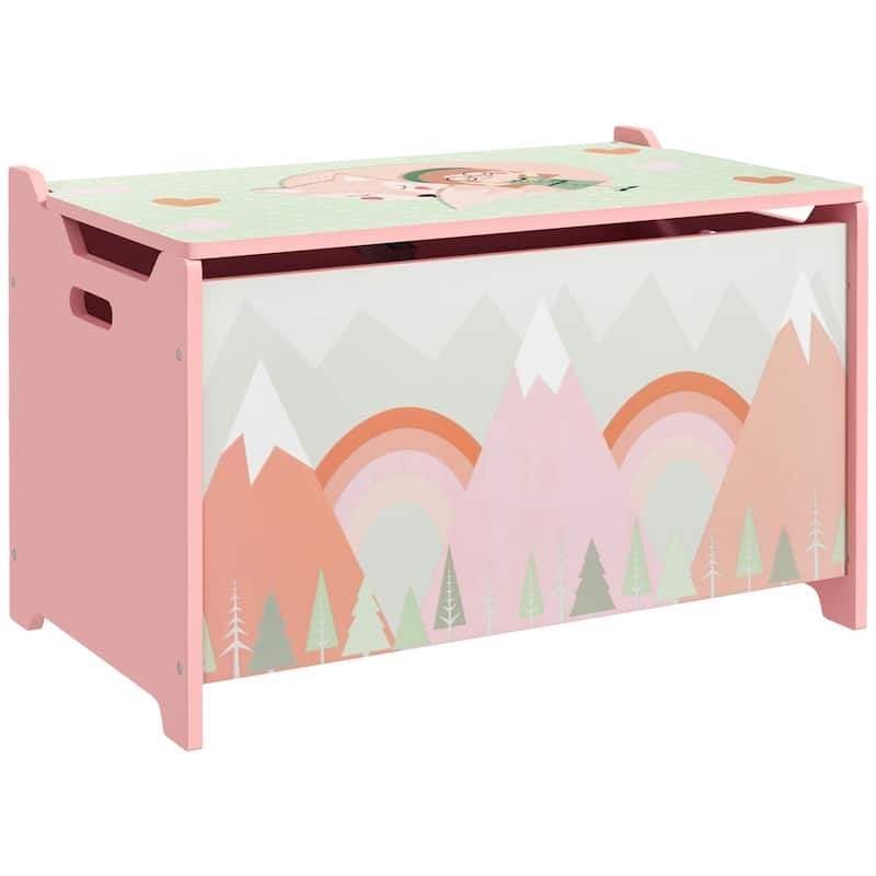Qaba Toy Box with Lid, Toy Chest Storage Organizer for Bedroom with Safety Hinge, Cute Animal Design, Pink - Pink