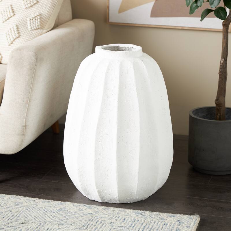 White Magnesium Oxide Wide Decorative Vase with Carved Grooves - White - 17"W, 23"H