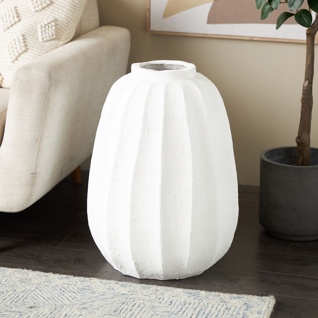 White Magnesium Oxide Wide Decorative Vase with Carved Grooves