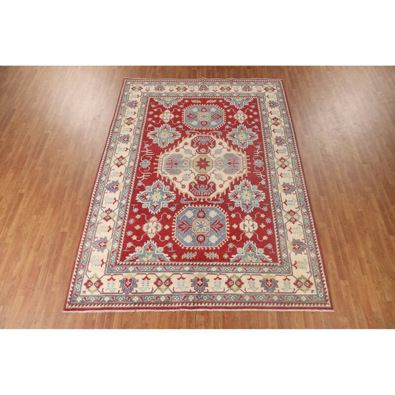 Geometric Red Kazak Rug Hand-Knotted Living Room Wool Carpet - 8'4"x 11'8"